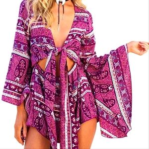 Boho V Neck Print Romper Playsuit with Long Flare Sleeves